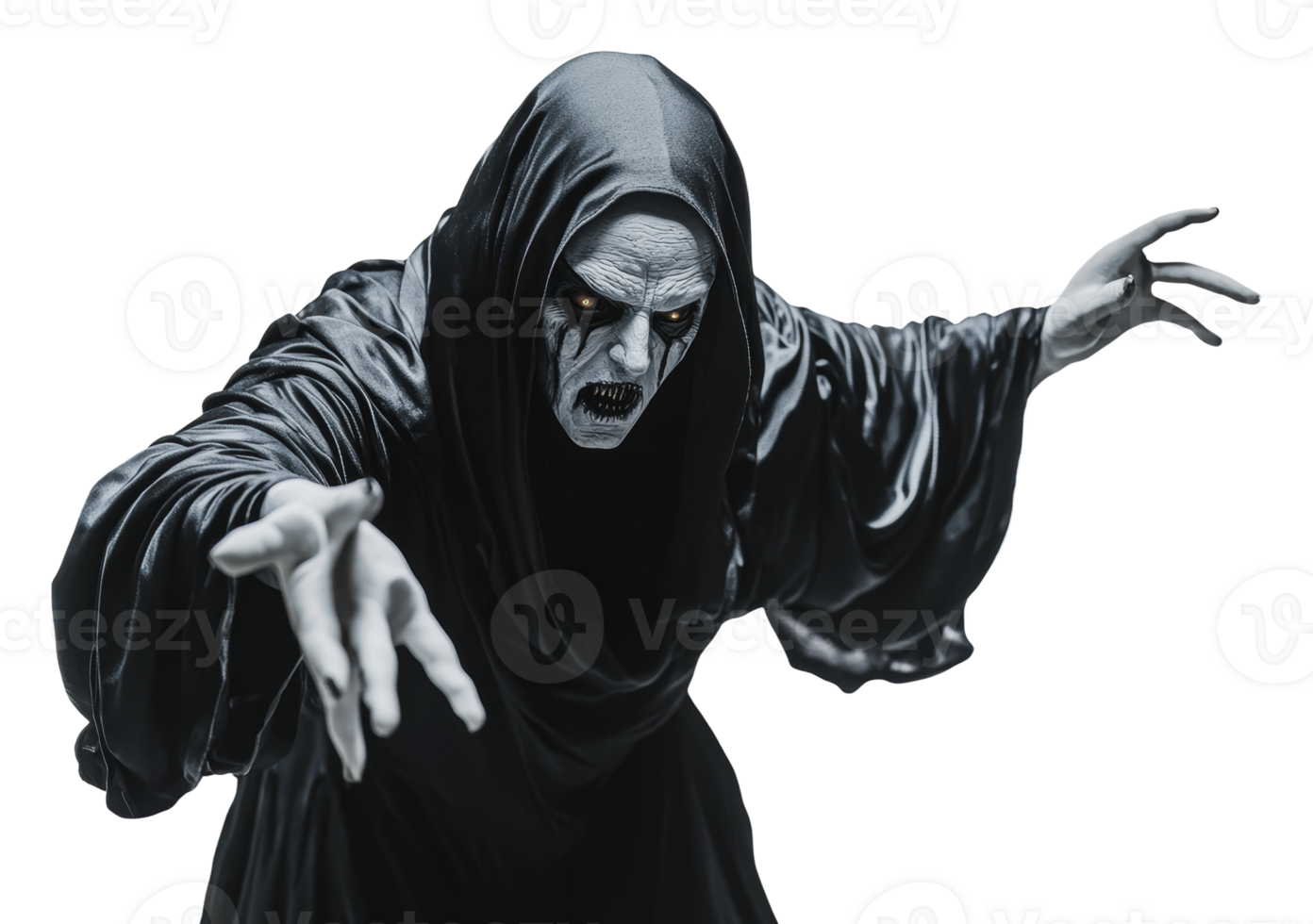 Eerie figure in dark cloak reaching out menacingly png