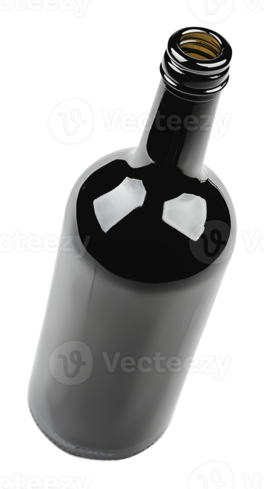 Black glass bottle lying on its side in a studio png