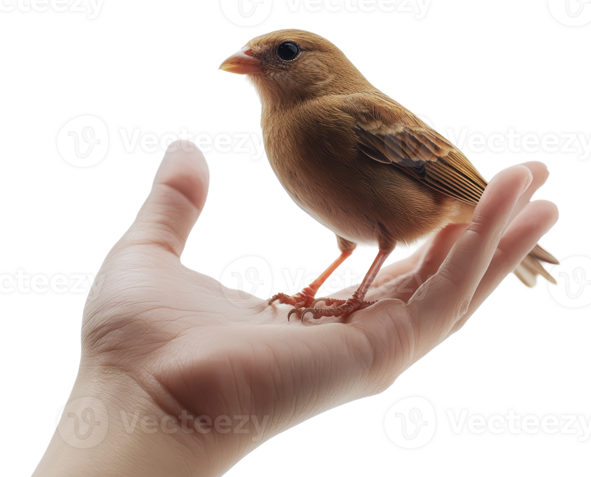 Bird perched on hand in soft lighting setting png