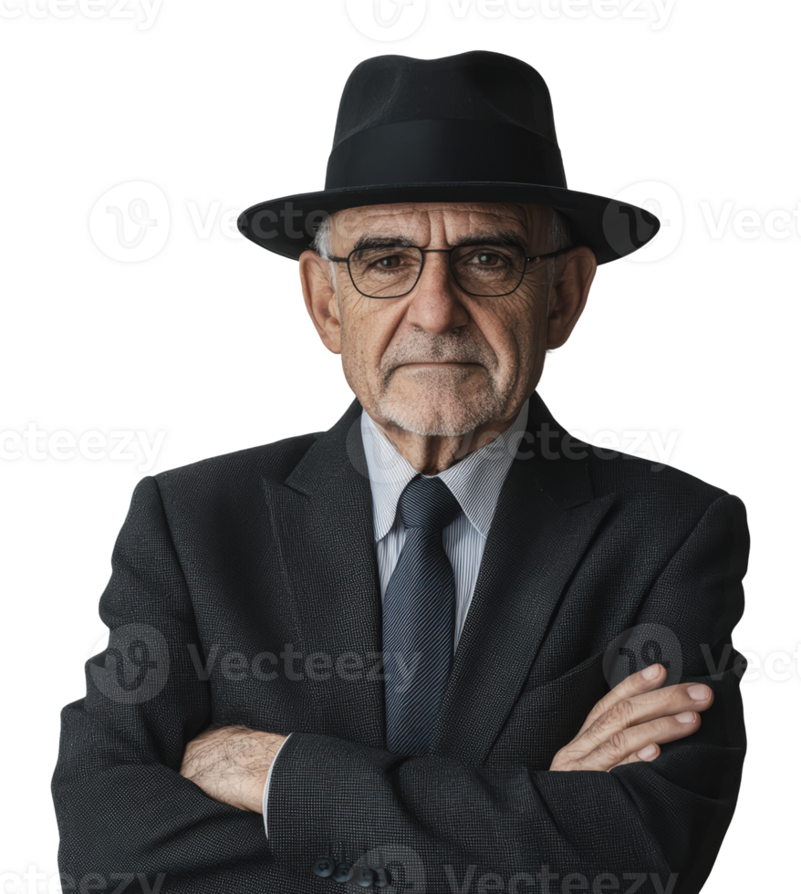 Elderly man in a suit and hat poses for a portrait png