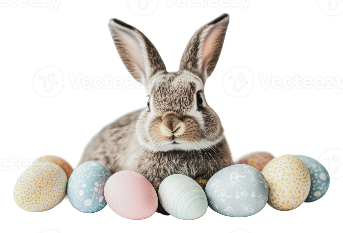 Cute rabbit surrounded by colorful Easter eggs png
