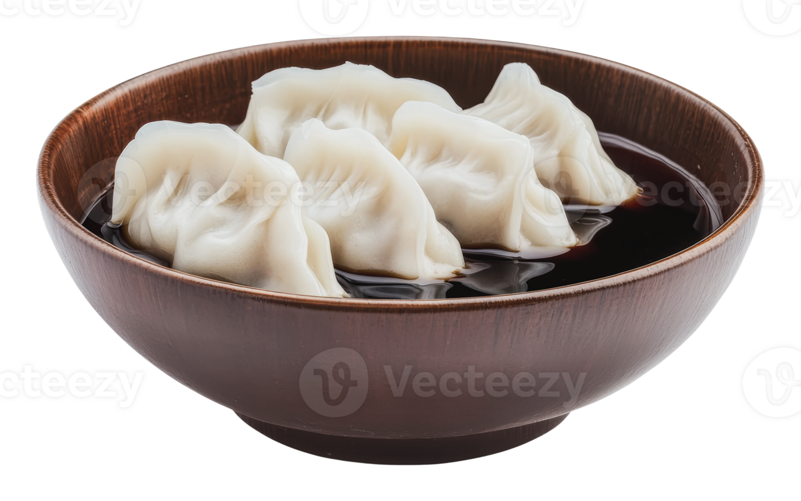 Dumplings served in soy sauce in a wooden bowl png