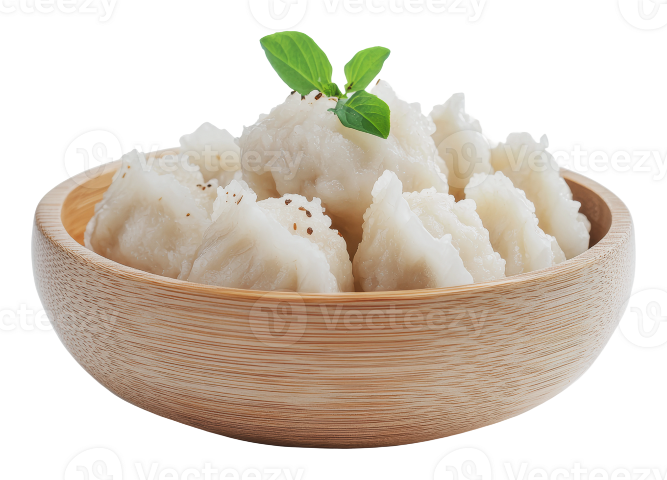 Appetizing dumplings served in a wooden bowl png