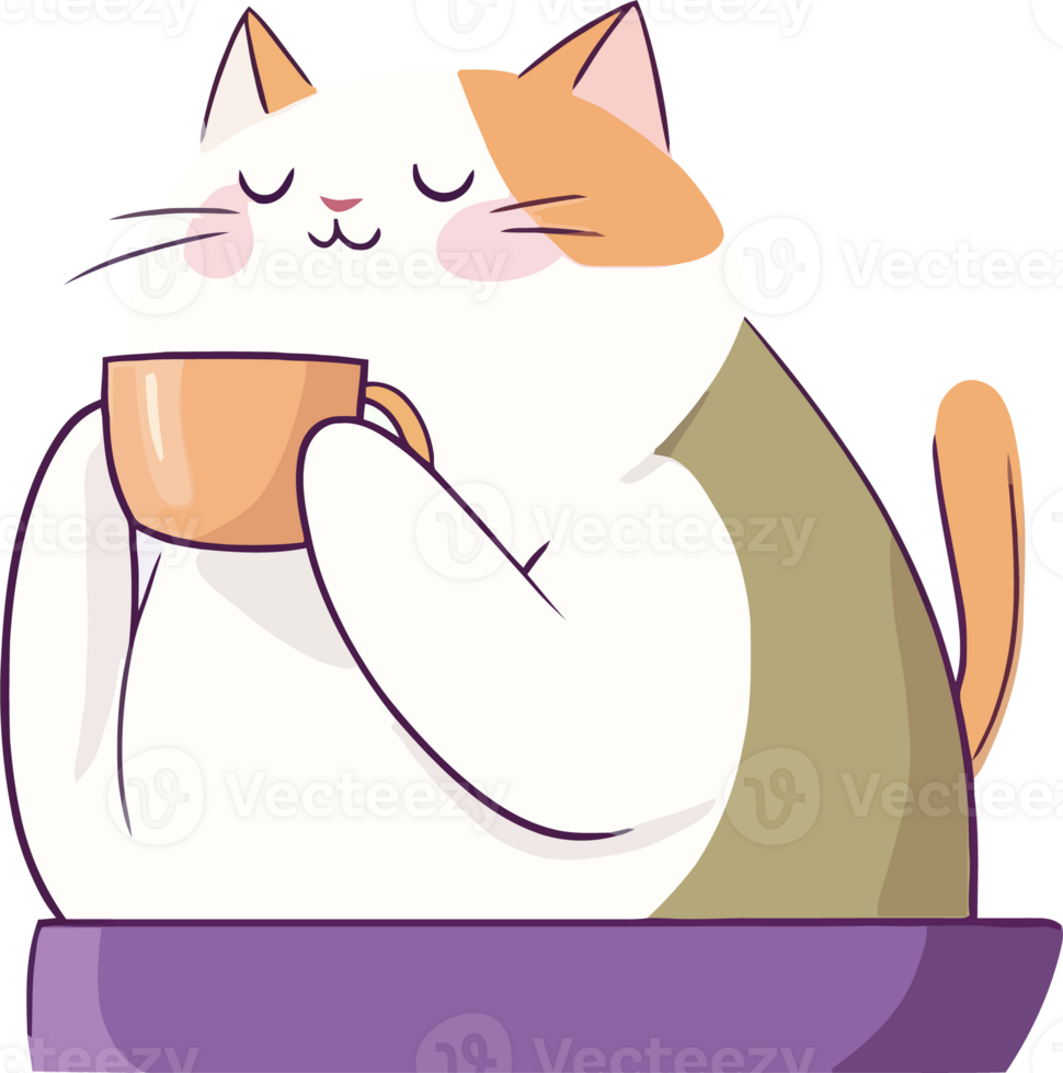 Cute Cartoon Cat Enjoying a Cup of Tea - Cozy and Relaxing Moments with Adorable Pet Illustration png
