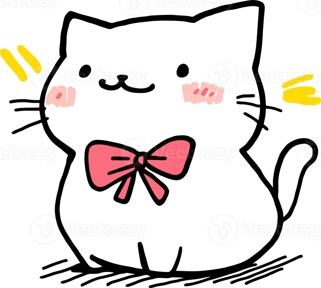Cute Cartoon White Cat with Red Bow Tie and Blushing Cheeks png