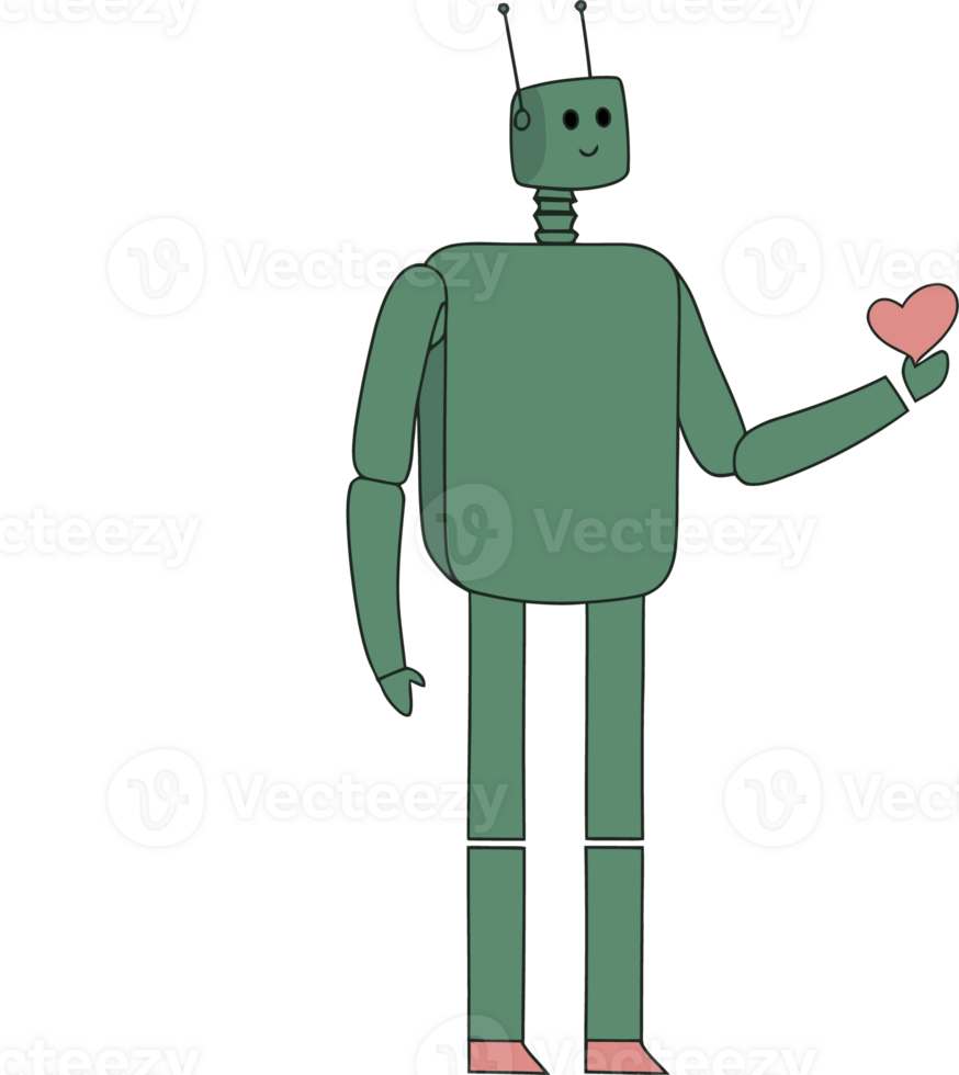 Cute Green Robot Holding Heart, Friendly Robot Illustration, Love and Tech Concept png