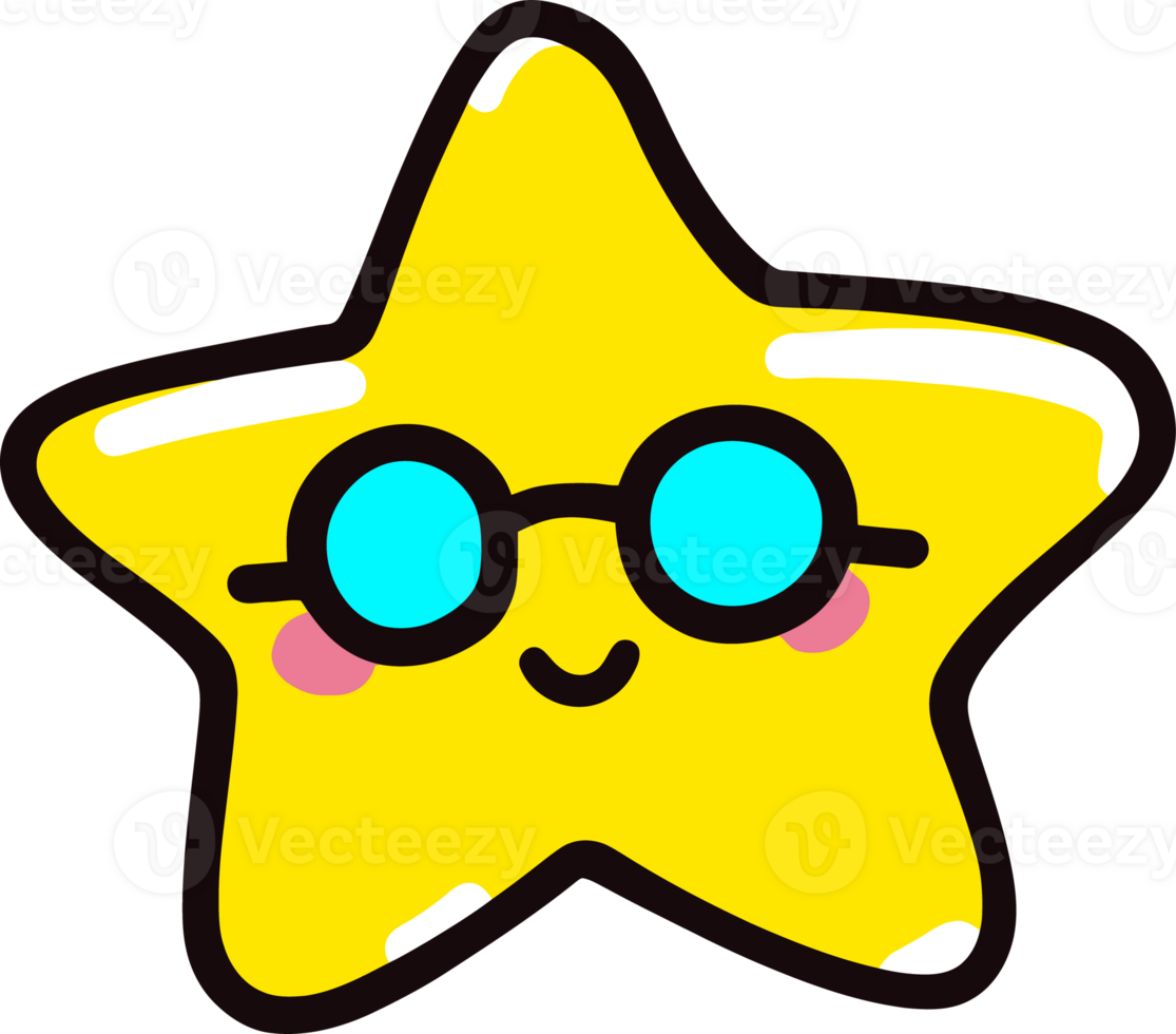 Cute Smiling Yellow Star with Glasses and Pink Cheeks on Black Background png