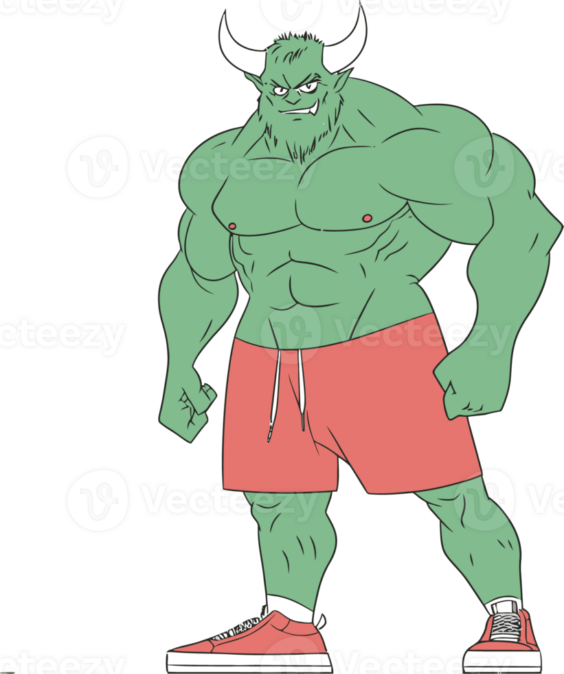 Buff Green Minotaur in Red Shorts and Sneakers - Strong Cartoon Character Illustration png