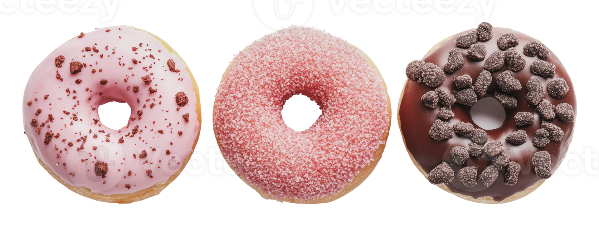 Assorted donuts with vibrant toppings for dessert png