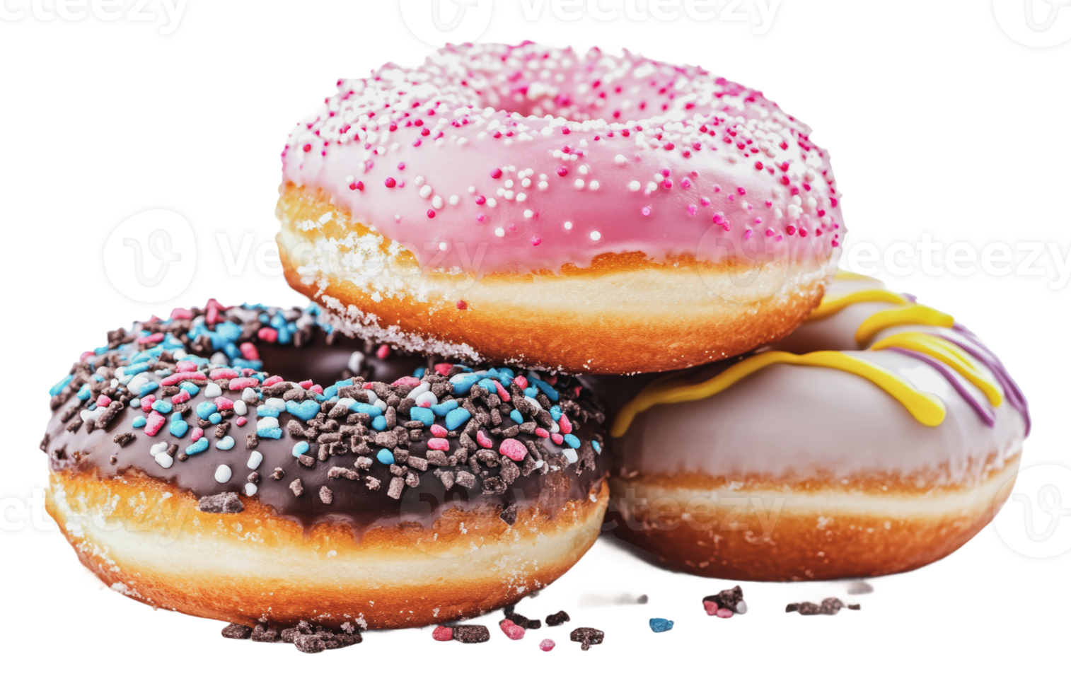 Delicious colorful donuts stacked high for dessert png