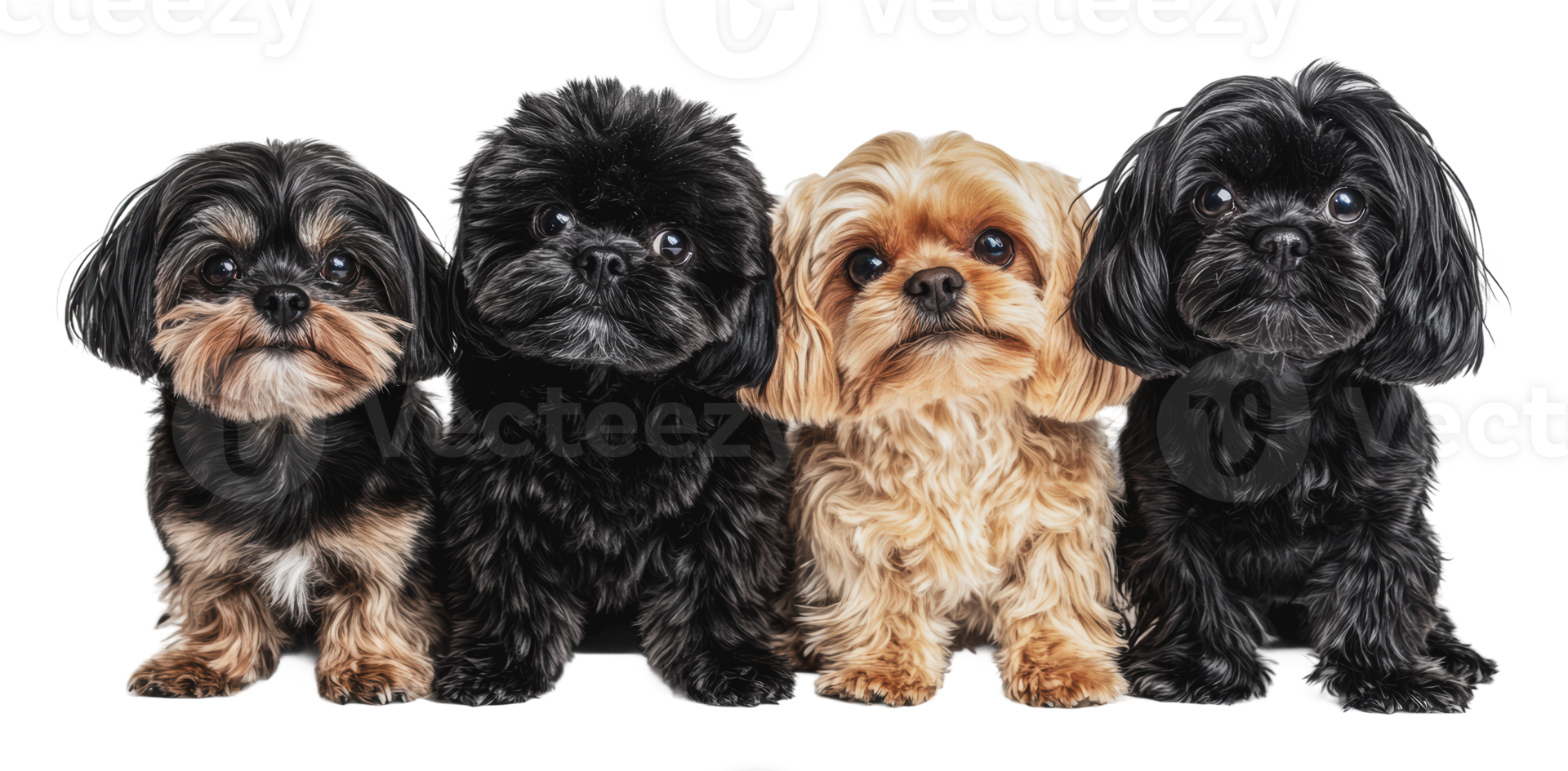 Four adorable small dogs posing in a row png