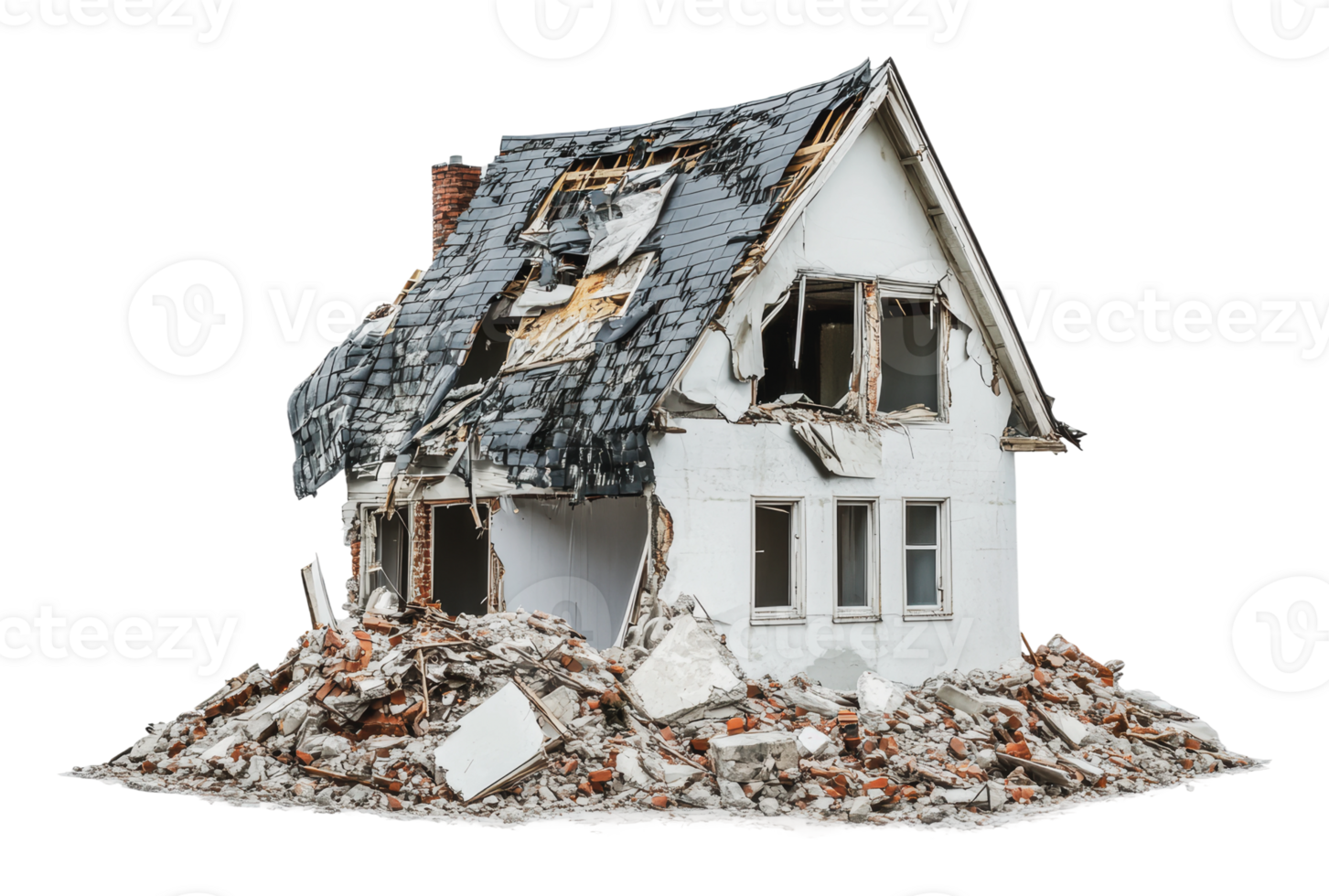 Abandoned house in ruins surrounded by debris png