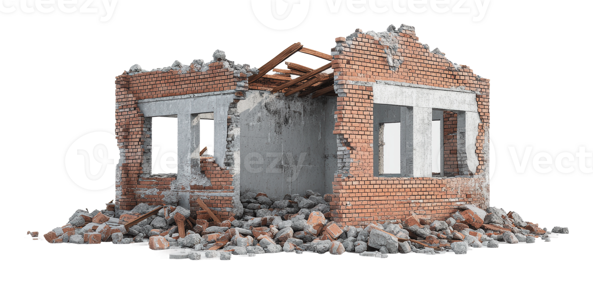 Abandoned building with crumbling walls and debris png