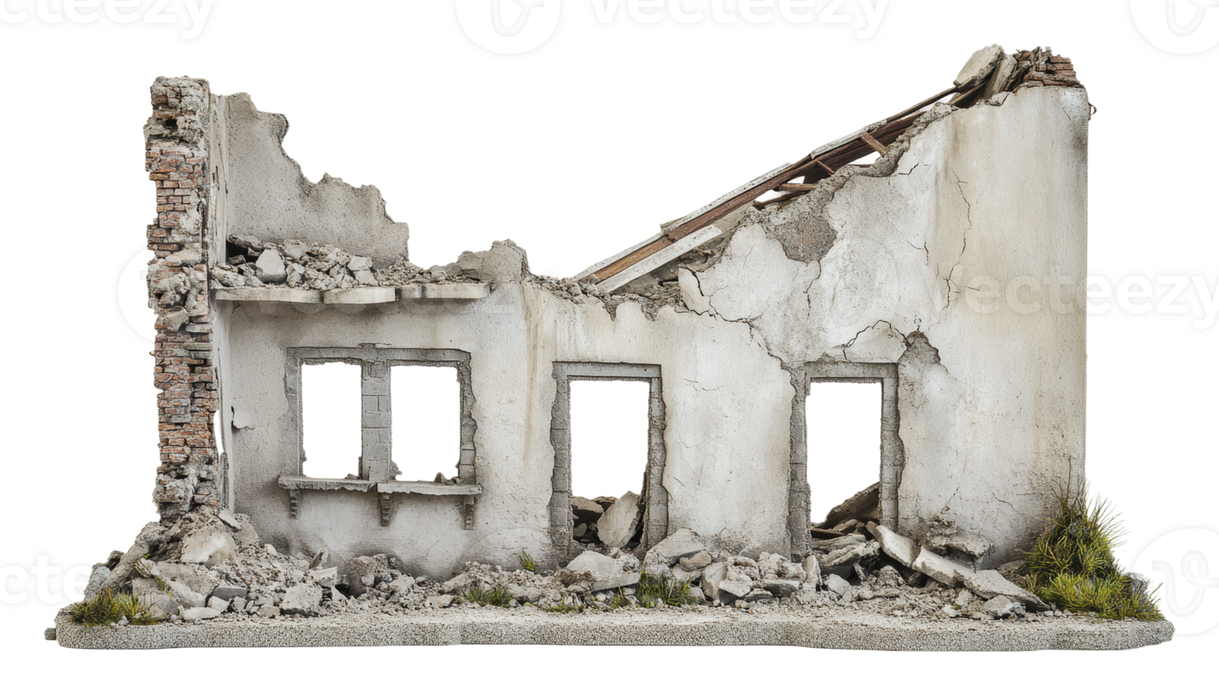 Abandoned building with crumbling walls and debris png