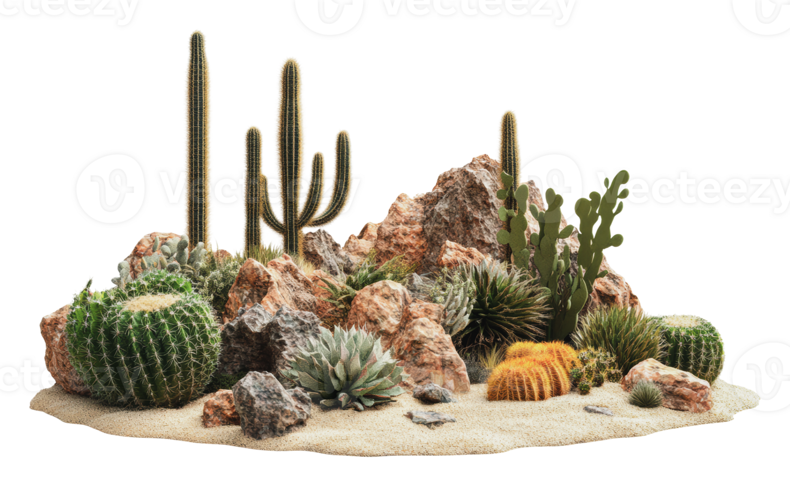 Desert landscape featuring various cacti and rocks png