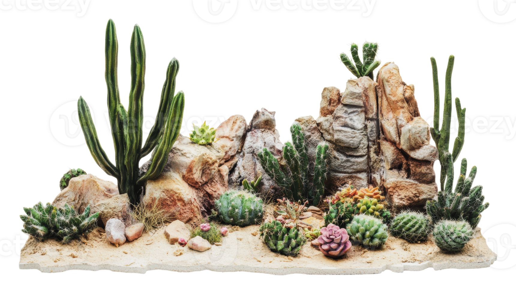 Cacti and succulents in a desert scene png