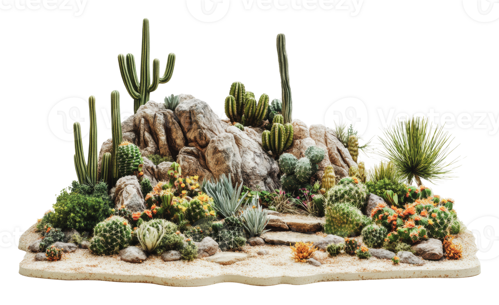 Miniature desert landscape with various cacti png