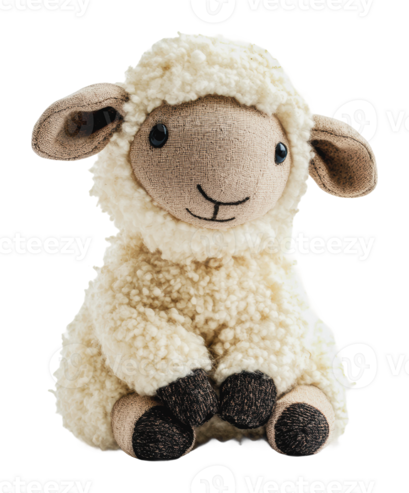 Cute plush sheep toy sits on a soft surface png