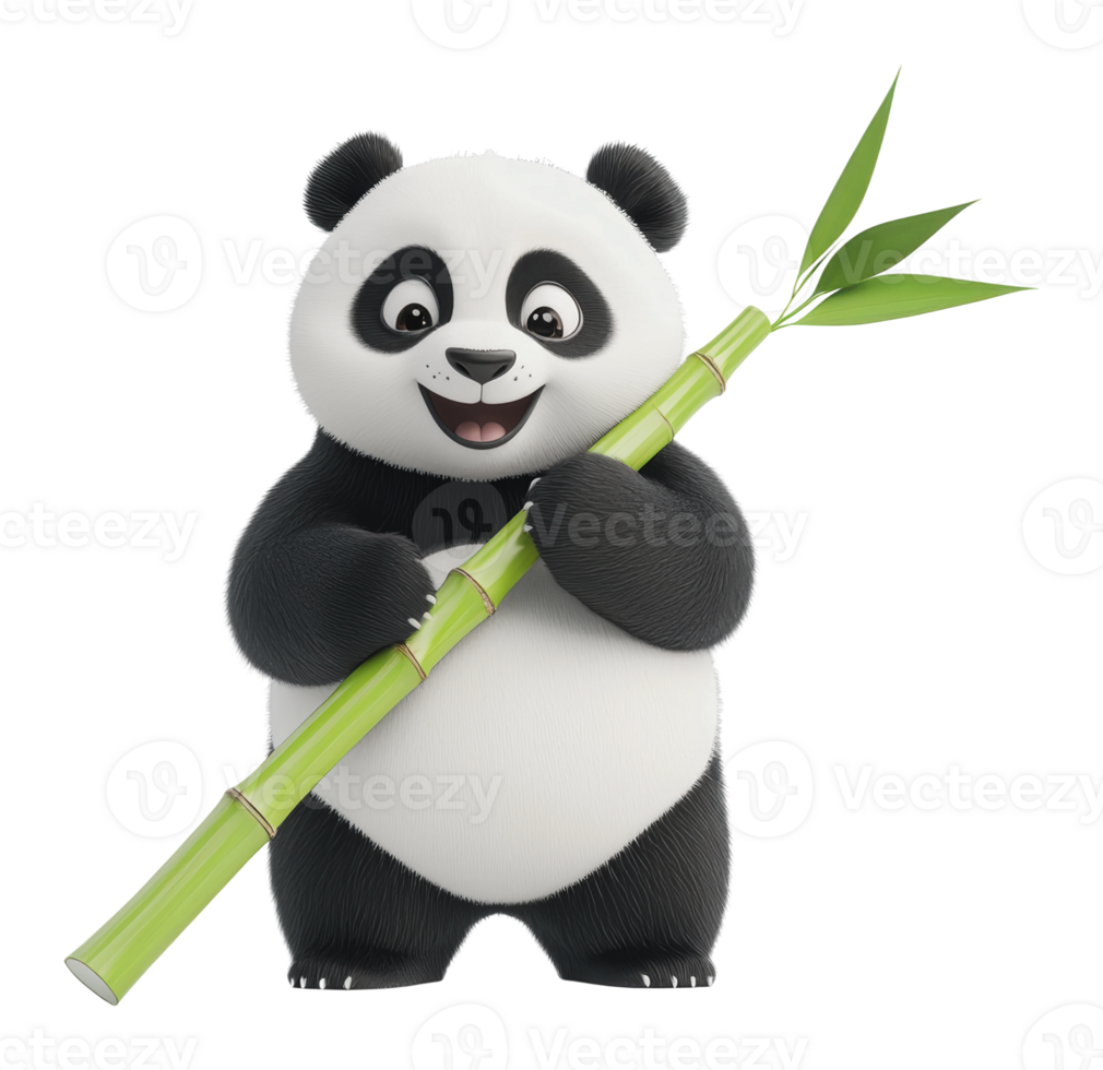 Happy panda holding bamboo in a playful pose png