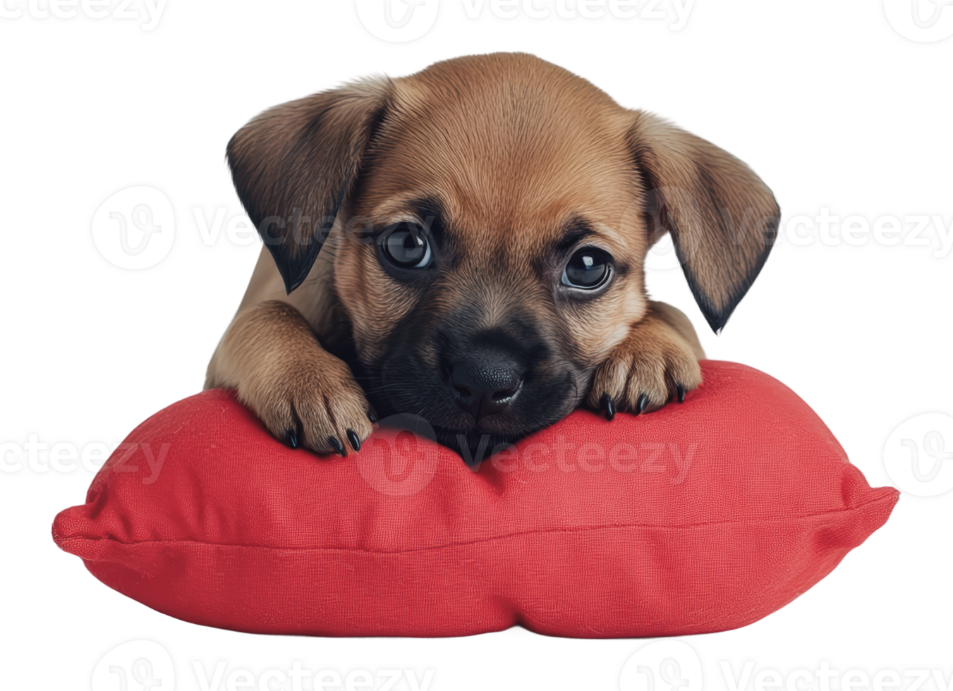 Cute puppy resting on a bright red pillow png