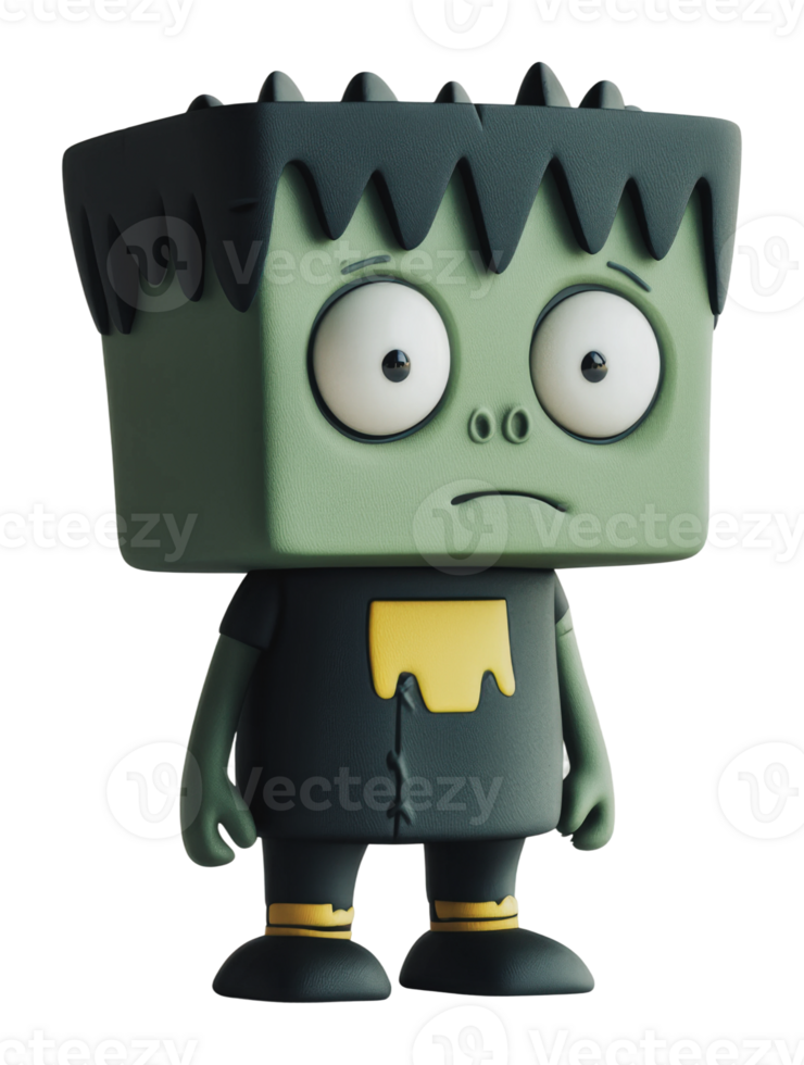 Cute green monster toy figure with square head png