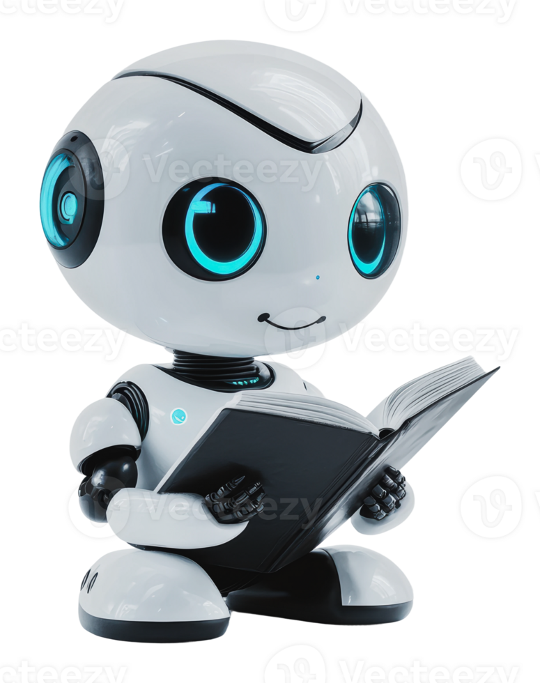 Robot reading a book in a quiet setting png
