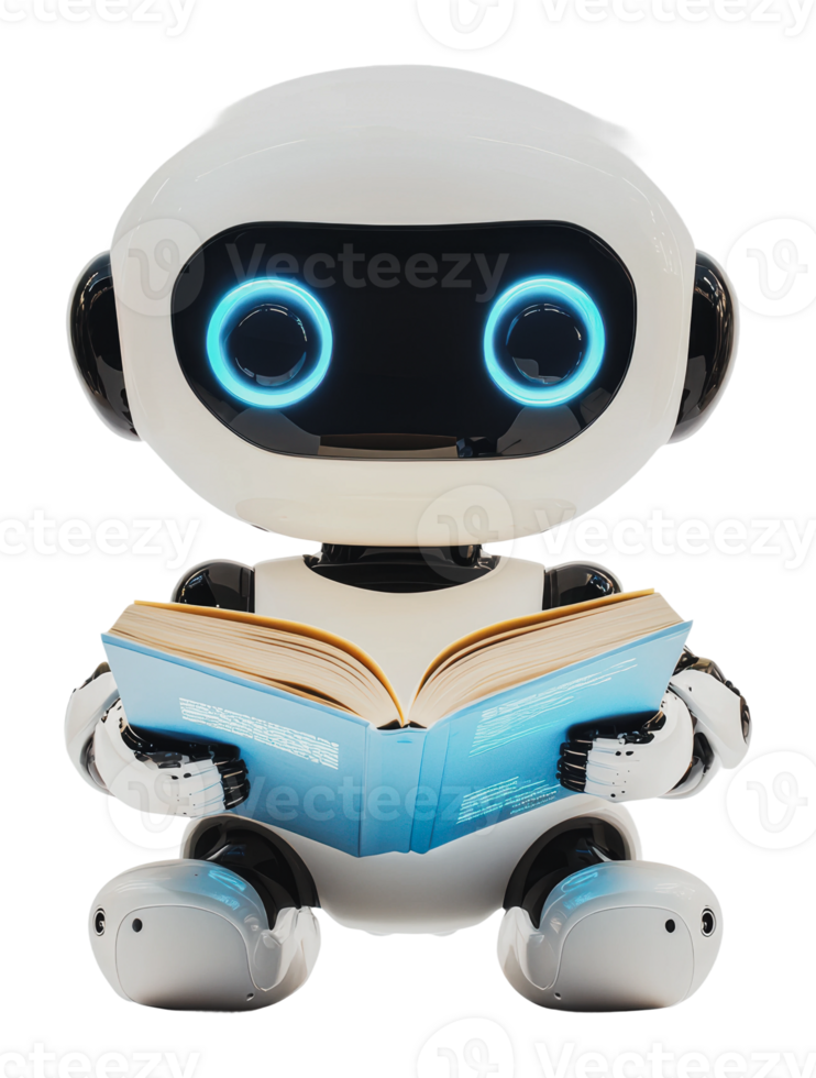 Robot reading a book with glowing eyes png
