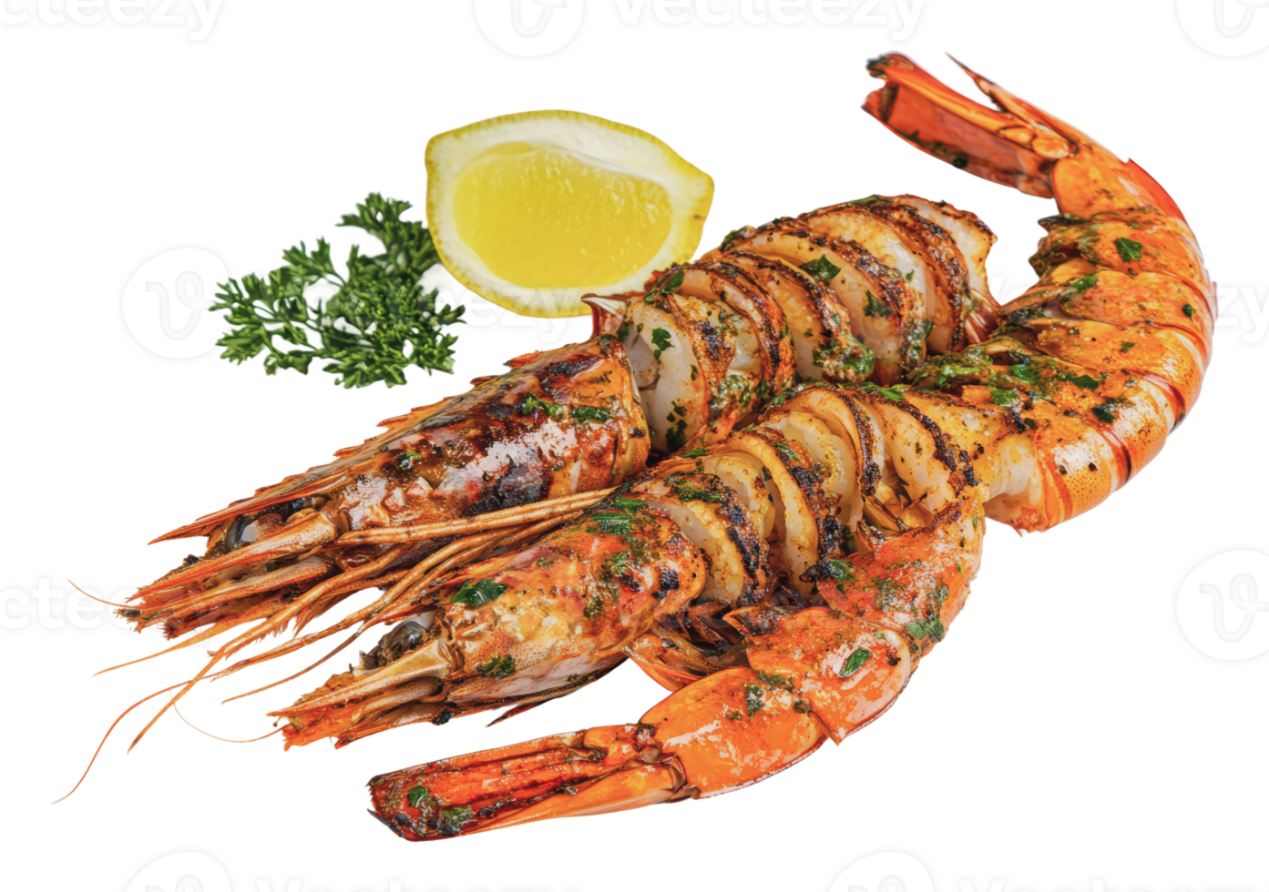 Grilled shrimp with lemon and herbs on a plate png