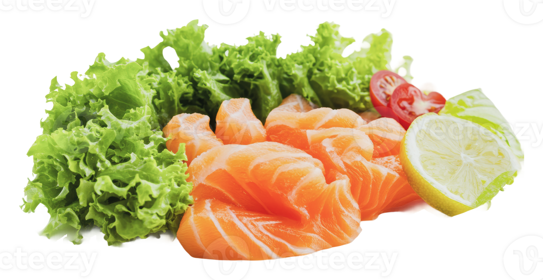 Fresh salmon with greens and lemon slices arranged png