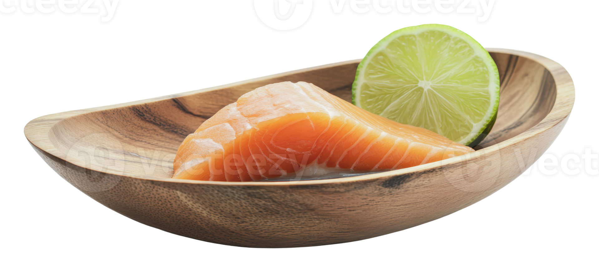 Fresh salmon fillet with lime on wooden dish png