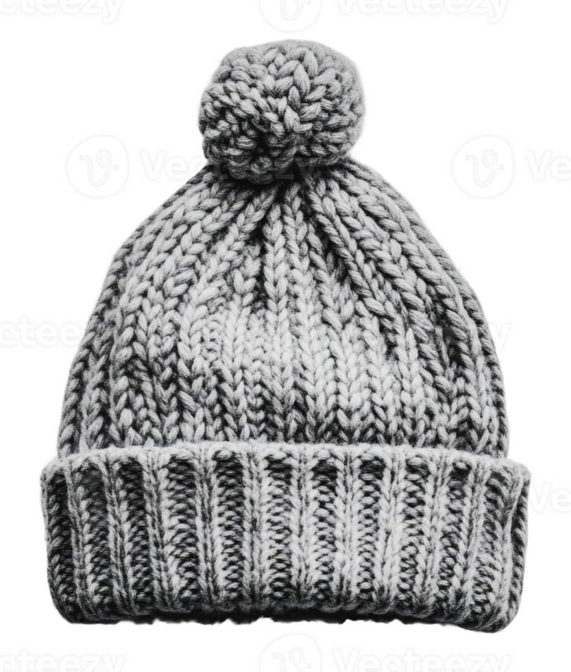 Warm gray knitted hat with pom-pom on top png