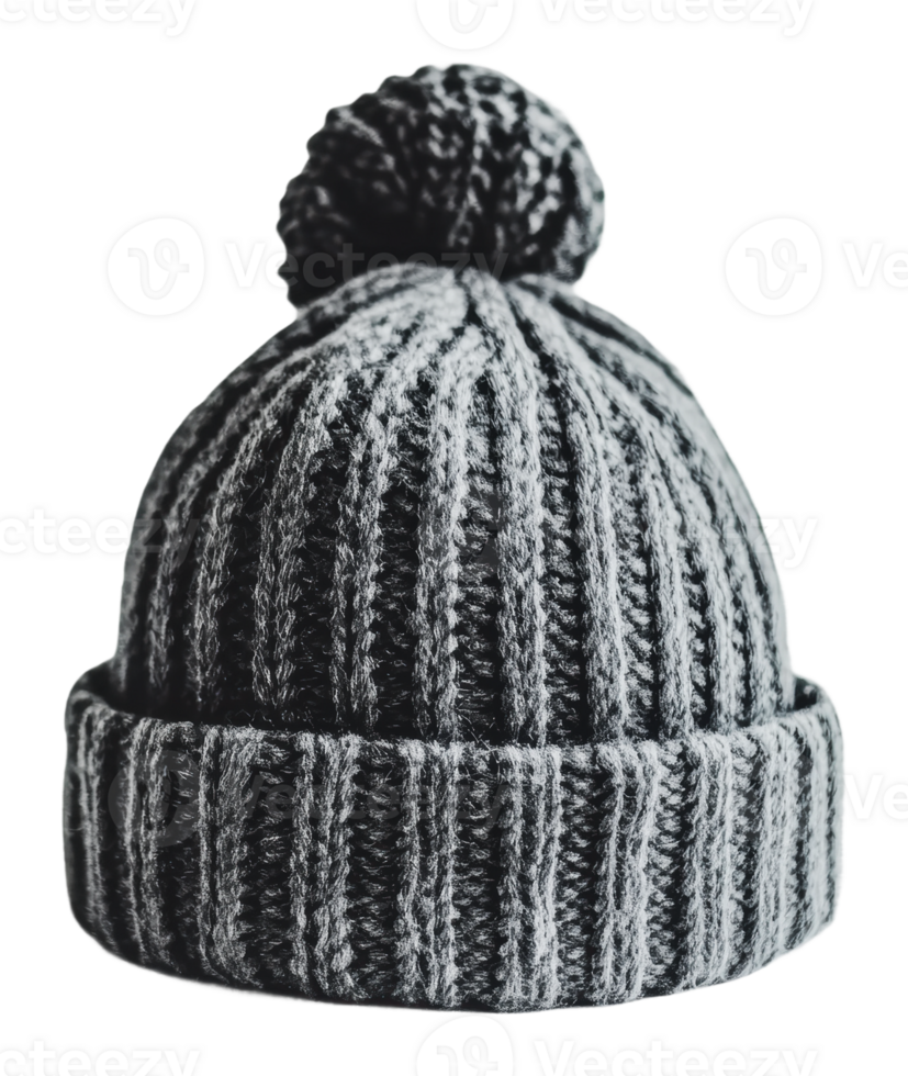 Warm gray knitted beanie with pompom on top png