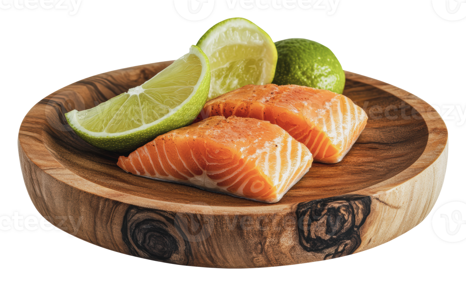 Fresh salmon fillets with lime on a wooden plate png