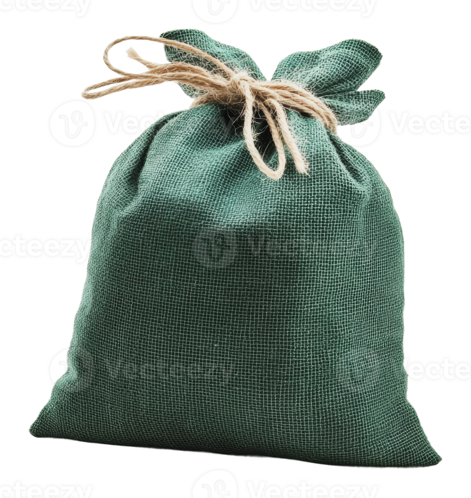 Green burlap sack tied with twine for storage png