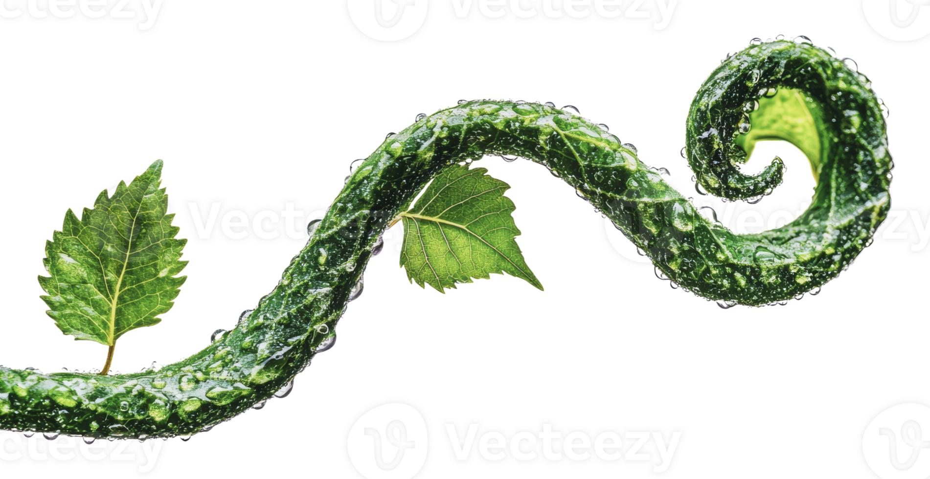 Curving vine with drops of water and green leaves png
