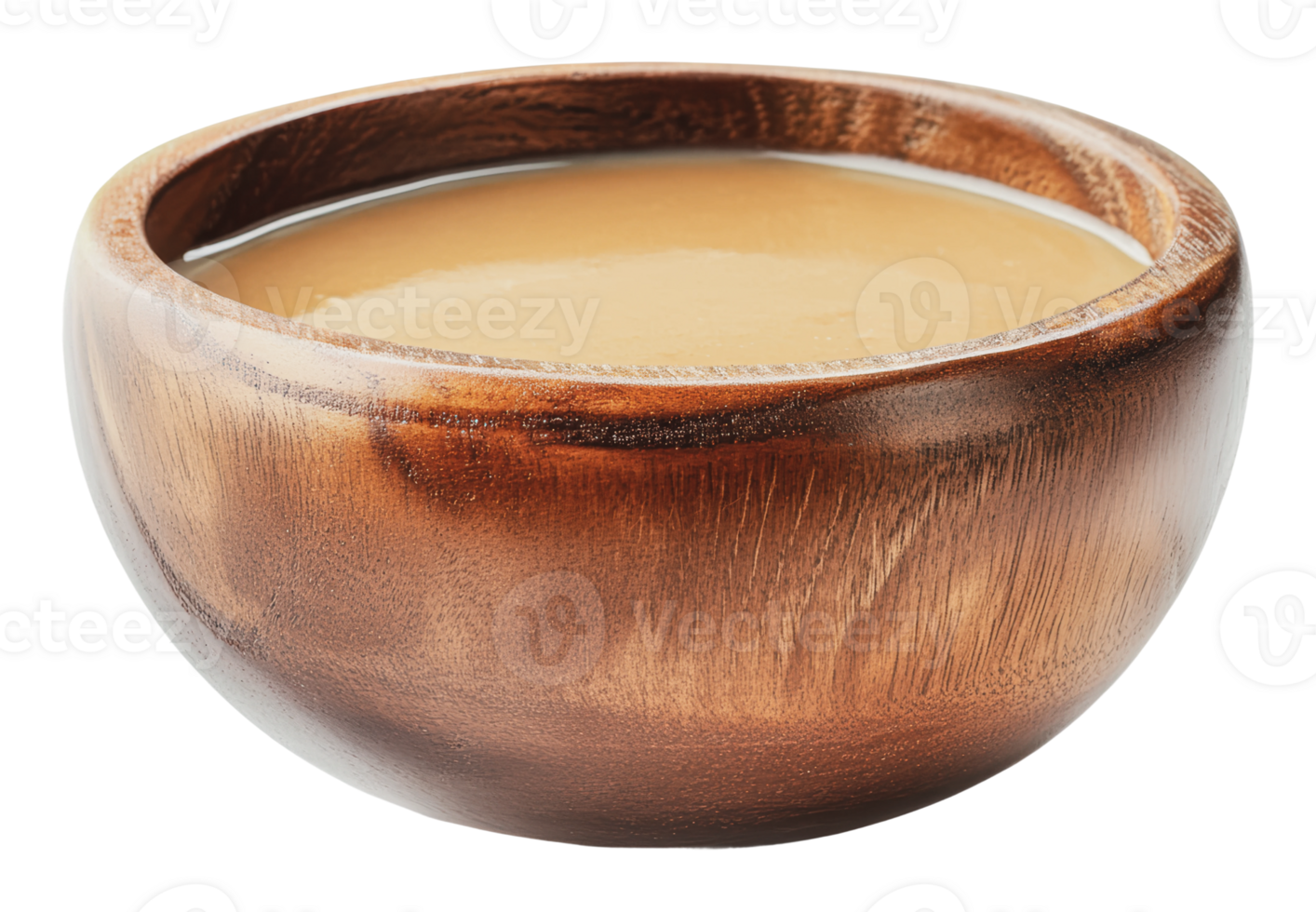 Warm beverage served in a rustic wooden bowl png