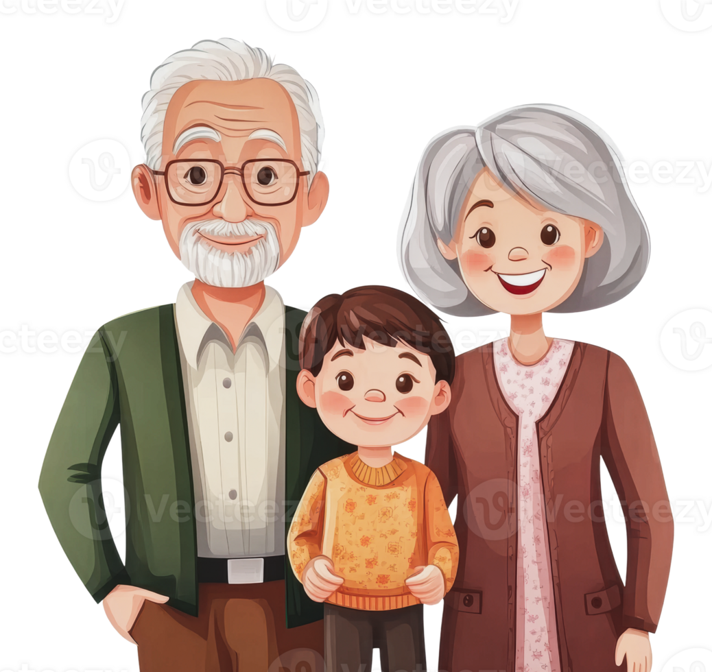 Grandparents happily posing with their grandchild png