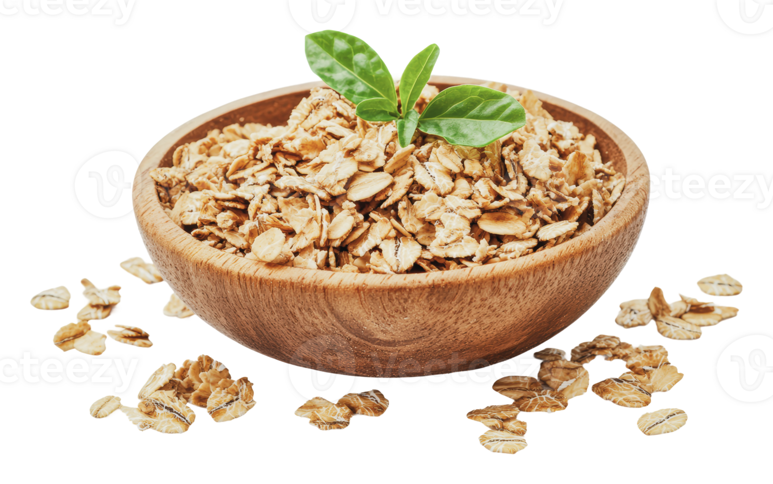 Healthy oats in a wooden bowl with green leaves png