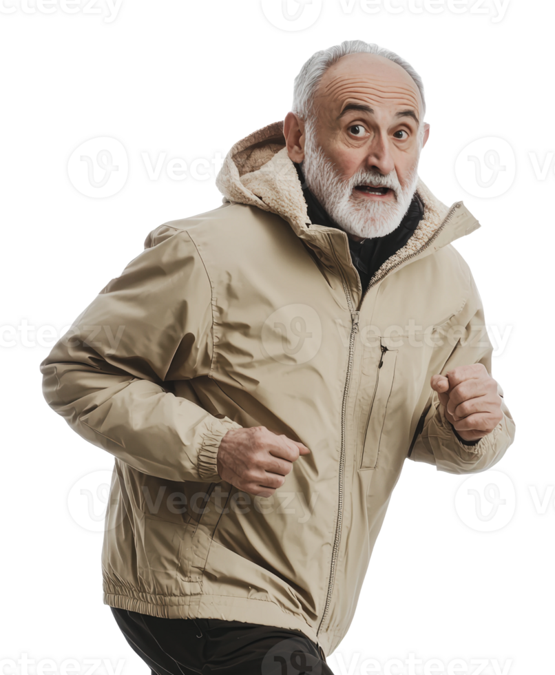 Elderly man jogging with strong emotions png