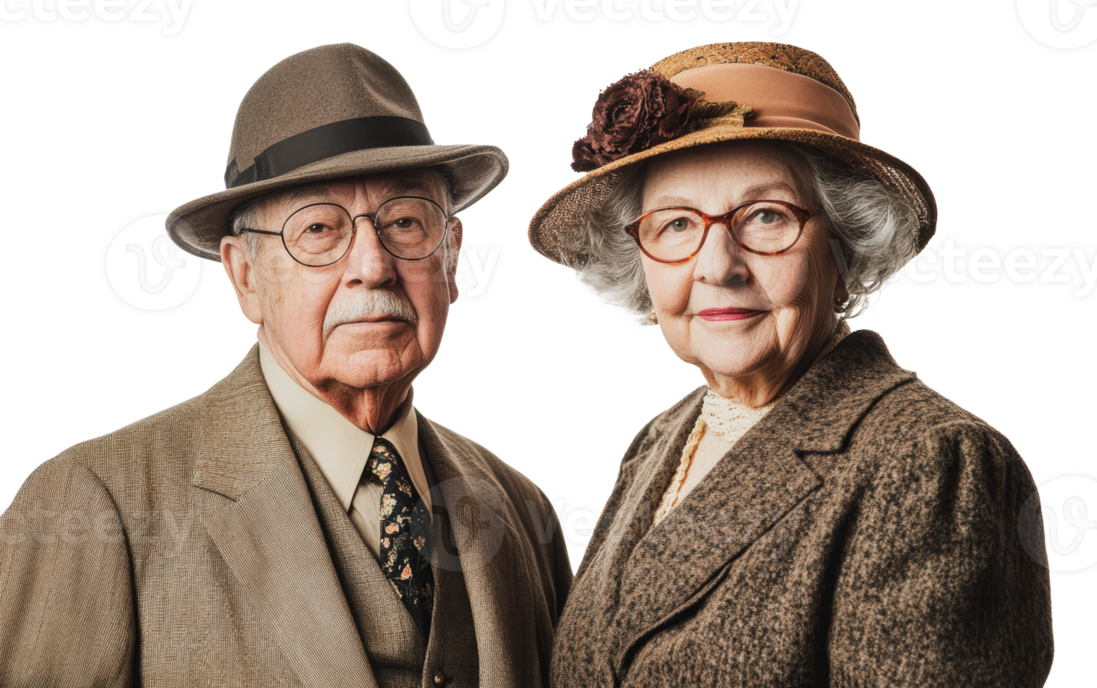 Vintage-dressed couple poses elegantly png