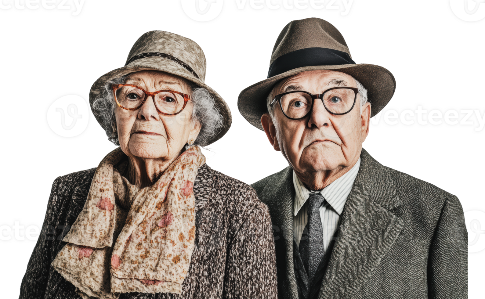 Elderly couple posing in stylish vintage attire png