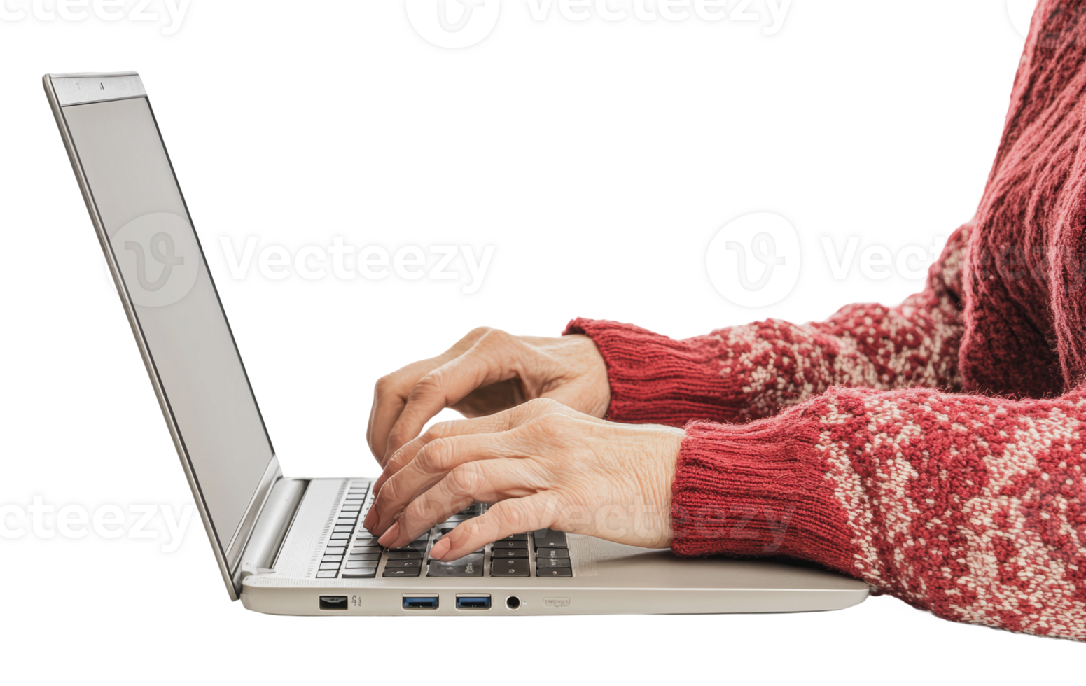 Hands typing on a laptop while wearing a sweater png