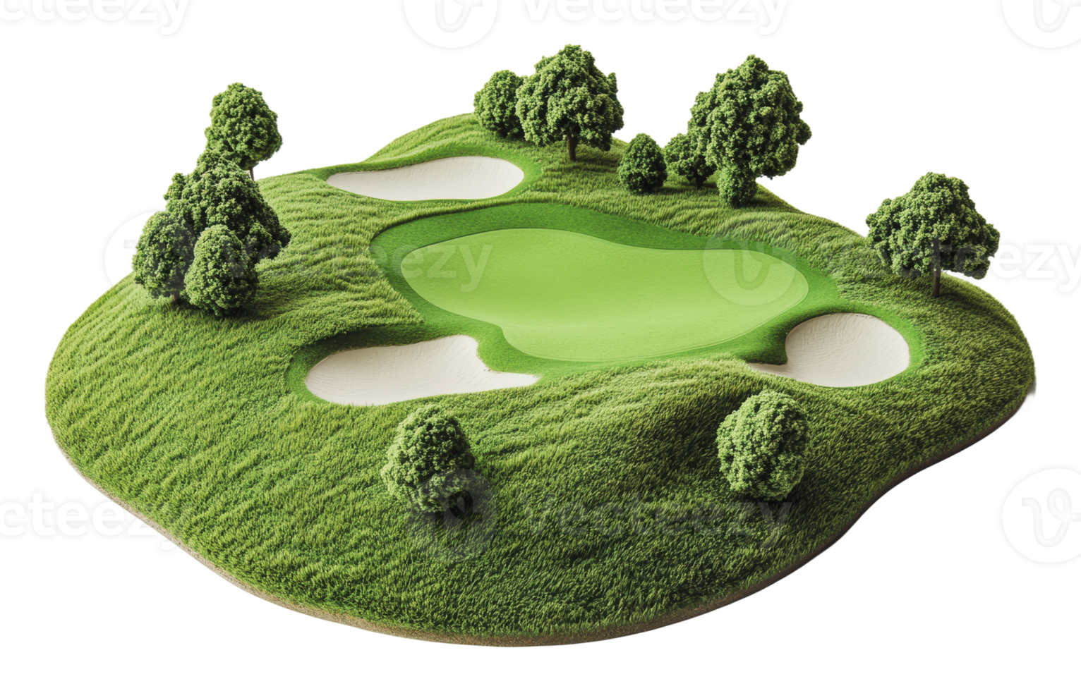 Lush green golf course with sand traps and trees png