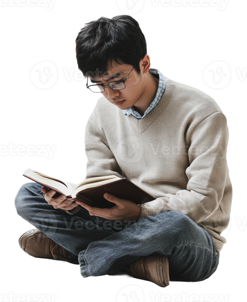 Young man reading a book while seated on the floor png