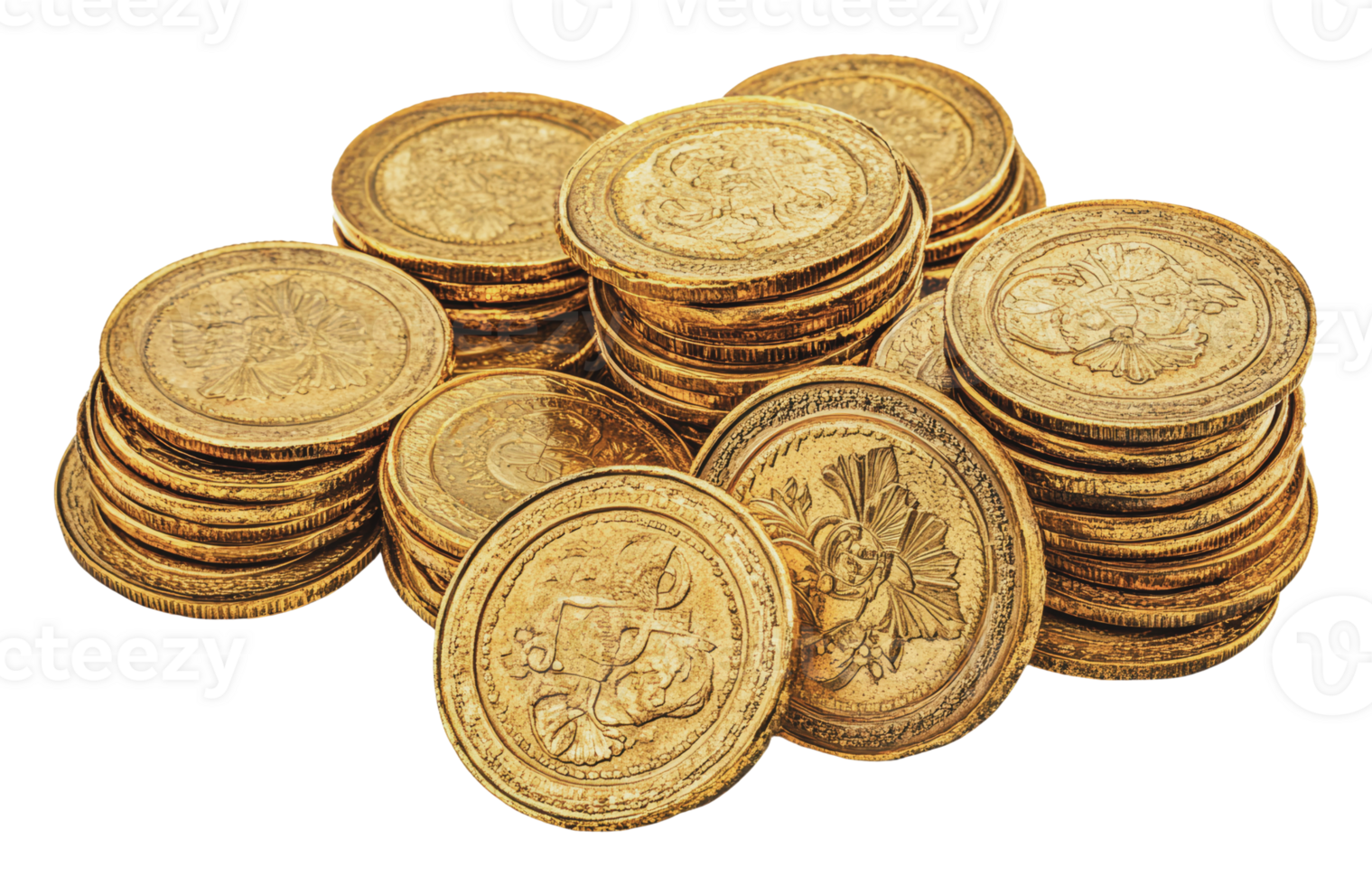 Stacks of gold coins arranged on a white surface png