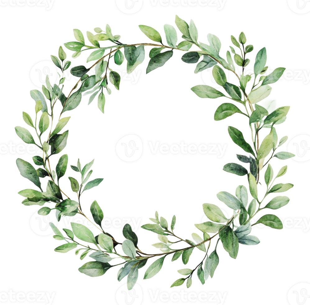 Green leafy wreath design with watercolor style png