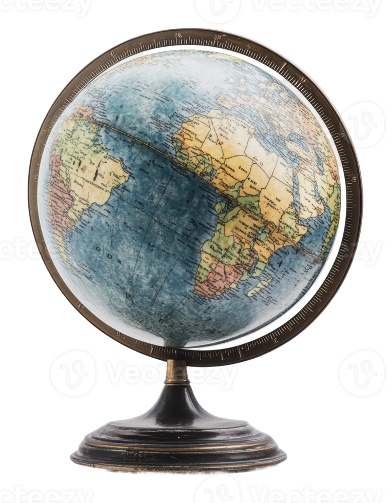 Vintage globe showcasing countries and continents png