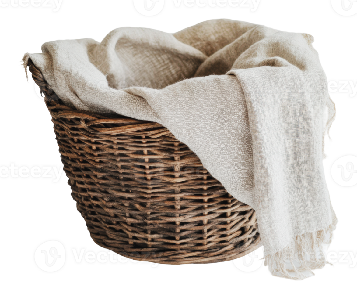 Woven basket with light fabric draped inside png