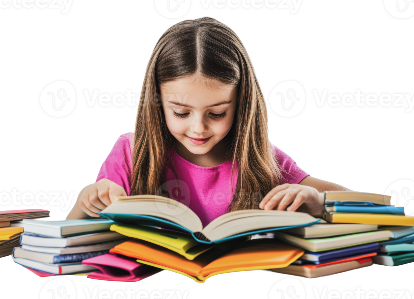 Young girl explores colorful books while reading png