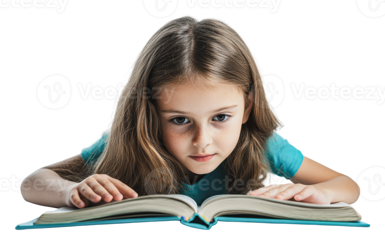 Young girl reading a book with focused expression png